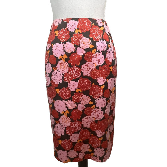 Ellen Tracy Skirt size 8 Red Pink Rose Floral Silk Pencil Stretch Knee Wedding - Picture 1 of 7
